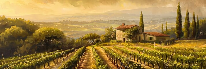 A sunlit Tuscan vineyard on canvas, rows of vines leading to an old stone farmhouse, the whole scene bathed in warm, golden light of a late summer afternoon - obrazy, fototapety, plakaty