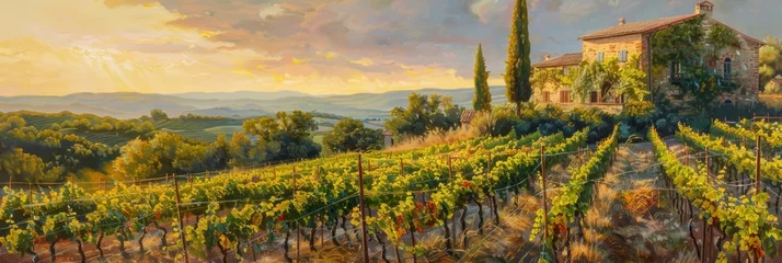 Fotobehang A sunlit Tuscan vineyard on canvas, rows of vines leading to an old stone farmhouse, the whole scene bathed in warm, golden light of a late summer afternoon © JK_kyoto