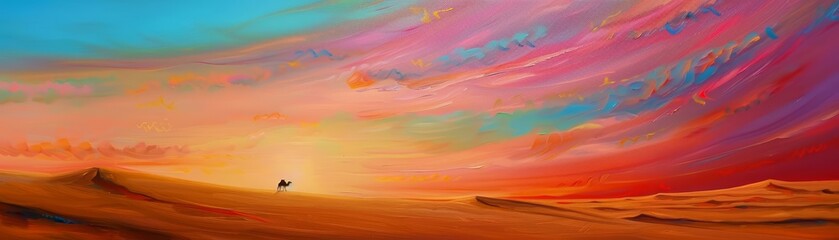 A sweeping desert vista in oil, vast and empty under a blazing sky, with just a lone camel silhouette on the horizon, the sand glowing orange and pink - obrazy, fototapety, plakaty