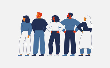 Diverse people stand together and looking in the same direction. Business team of men and women of different cultures and ethnicities. Gender equality and social unity. Flat Vector illustration