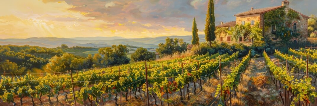 A sunlit Tuscan vineyard on canvas, rows of vines leading to an old stone farmhouse, the whole scene bathed in warm, golden light of a late summer afternoon