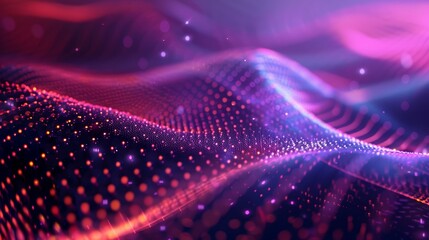 Dynamic digital landscape with glowing red and purple particles.