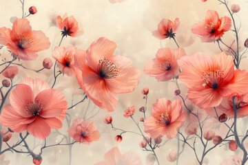 Watercolor, Pink and Red flowers, beige background. Created with Ai