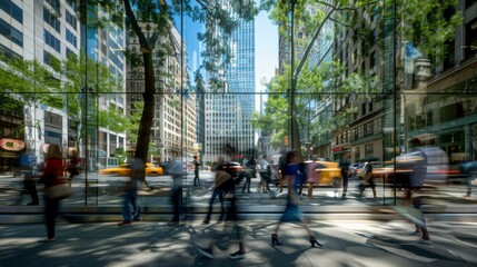 Vibrant urban scene capturing blurred motion of diverse pedestrians crossing busy city street with taxi cabs, lush green trees, and modern architecture.