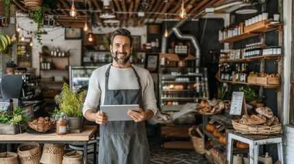 Charming middle-aged male shop owner stands in well-stocked bakery, holding digital tablet, with smile, rustic decor prevalent, entrepreneurial spirit captured.