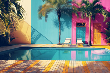 Colorful summer resort with swimming pool, sunbeds and palm trees. Creative outdoor design with vivid colors. - obrazy, fototapety, plakaty