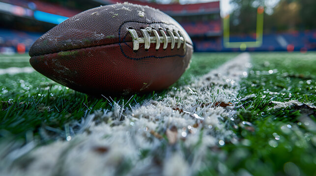 Close-up textured football on stadium field