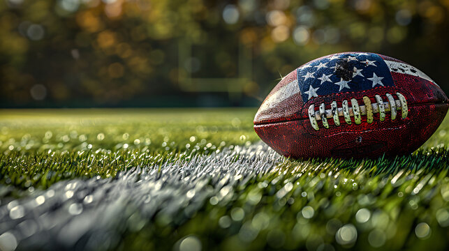 Patriotic football lying on grass field