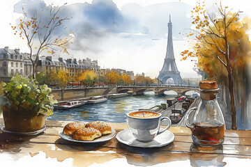 Watercolour illustration of breakfast at coffee bar in Paris with river Sena and Eiffel Tower view from window. Autumn season. Travel concept