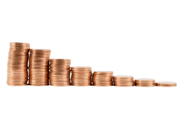 Isolated shot of a descending stack of coins with a transparent background. 