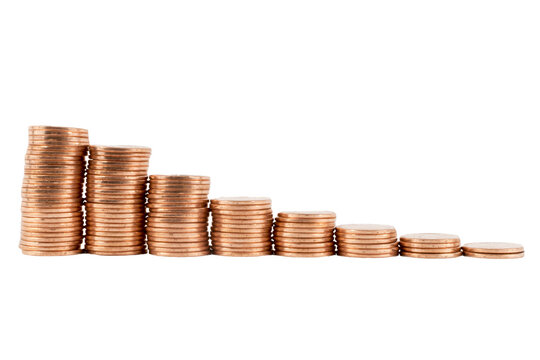 Isolated shot of a descending stack of coins with a transparent background. 