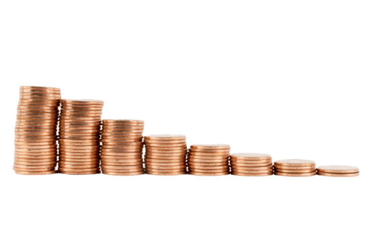 Isolated shot of a descending stack of coins with a transparent background. 