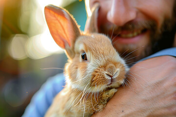 A man is holding a rabbit in his arms