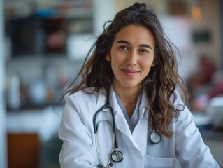 A woman in a white lab coat is smiling for the camera. She is a doctor and is posing for a photo