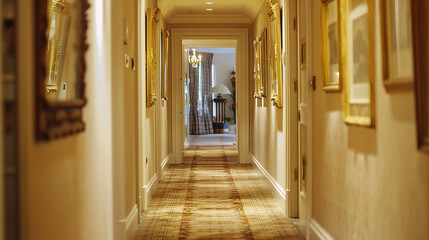 A long hallway with a mirror on the left and a picture on the right