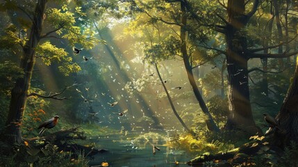 Serene Forest Symphony: Sunlight Filtering Through Trees with Melodious Birdsong