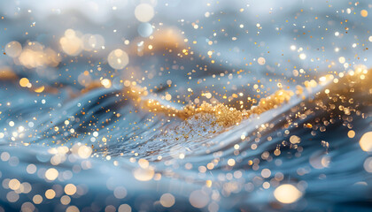 Golden sparkles dance on water waves under a mystical bokeh light, creating a serene and magical...
