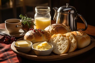 Brazilian breakfast cheese bread and coffee with milk., generative IA