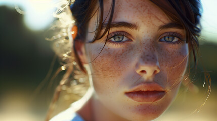 Young woman with freckles looking directly at the camera. - obrazy, fototapety, plakaty
