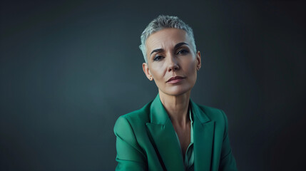 Mature queer woman with white hair against a green background, looking confident.