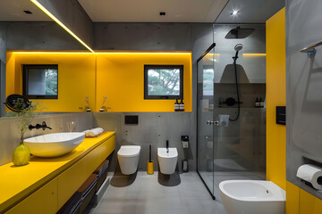 Contemporary modern bathroom interior in yellow colors and concrete elements.