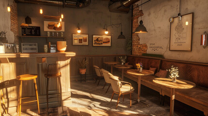A cozy cafe with wooden furniture and a brick wall