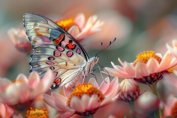 Rice Paper Butterfly (Idea leucone) Sipping Nectar from Pink Daisies in Westford, Massachusetts