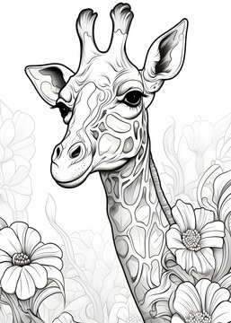 Giraffe Coloring Page, Giraffe Line Art coloring page, Giraffe Outline Drawing For Coloring Page, Animal Coloring Page, Giraffe Coloring Book, AI Generative