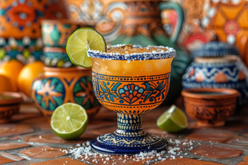 refreshing margarita cocktail in colorful traditional mexican glassware surrounded by vibrant pottery