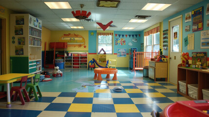 A brightly colored room with a checkered floor and lots of toys