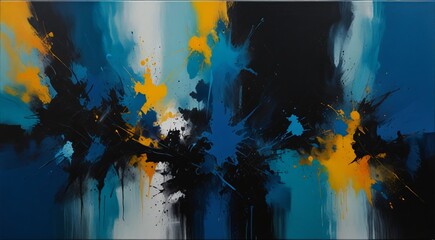A vibrant abstract painting showcasing a black and blue surface, filled with captivating colors.