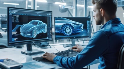 A man sits at a desk with two computer monitors, using a personal computer and peripherals for engineering work. AIG41