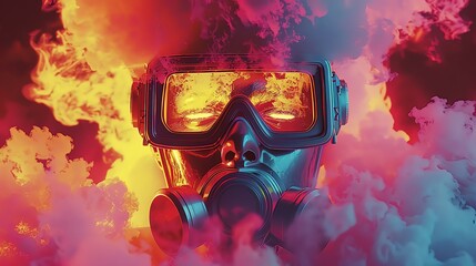 Futuristic Gas Mask Against a Backdrop of Vivid Flames and Smoke