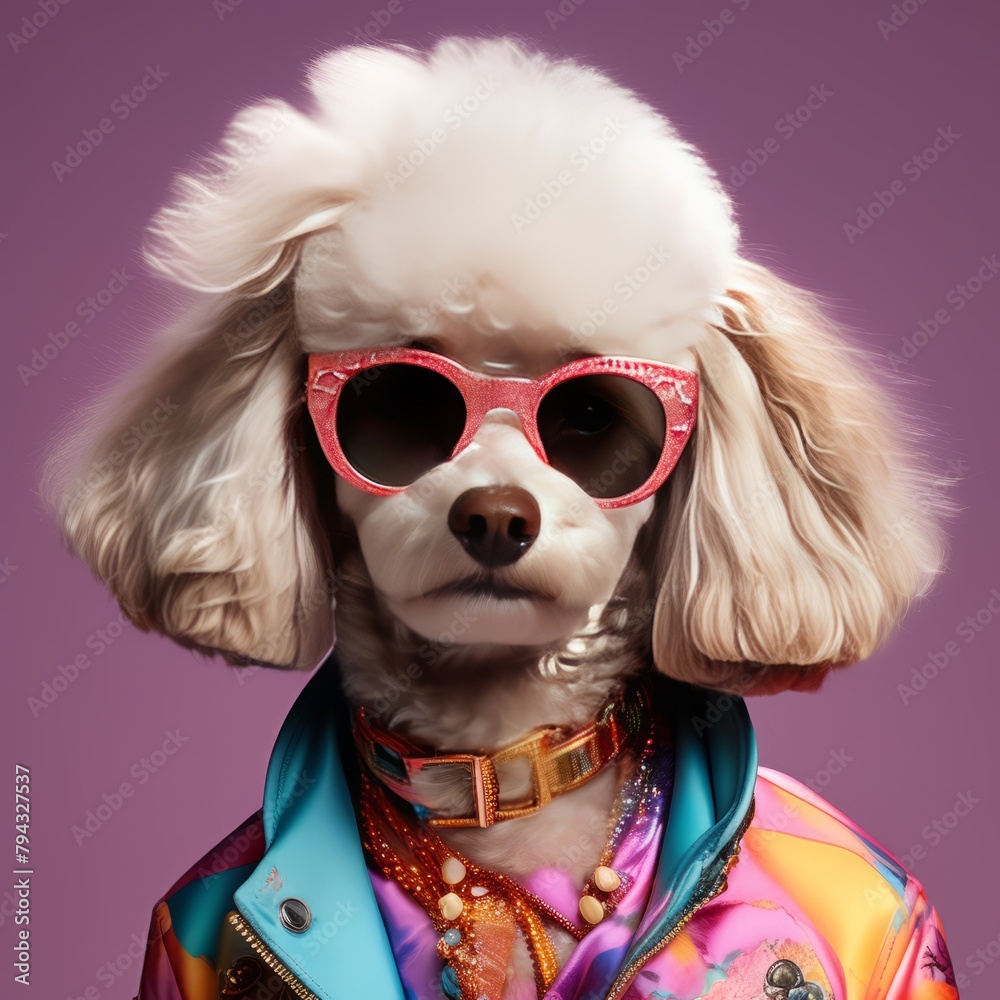 Poster portrait of a dog wearing sunglasses and jacket