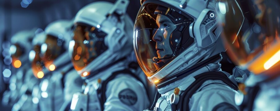 Astronaut team in futuristic space suits