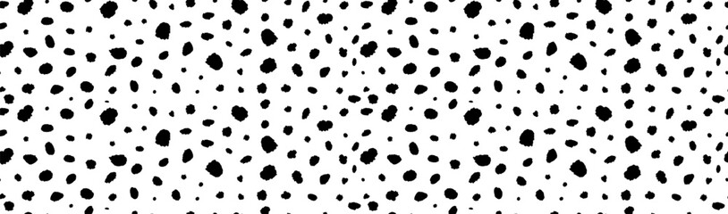 Seamless dalmatian animal horizontal pattern. Vector illustration with random ink black spots on white background. Spotted fur animal texture of dog, leopard, cow. Hipster polka dot print