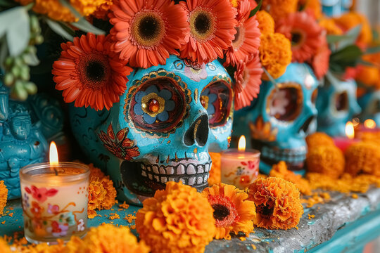 traditional mexican day of the dead altar with sugar skulls and marigolds