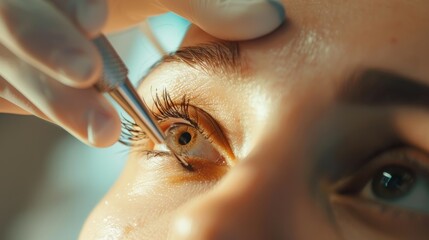 Close-up of tweezers applying false eyelashes on a woman's eye. Beauty and cosmetics concept with selective focus. - obrazy, fototapety, plakaty