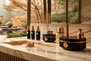 Luxury perfume scent bottles set at presentation events, bespoke perfumery, and beauty product sale, generative ai