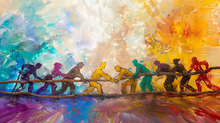 A painting of a group of people pulling a rope