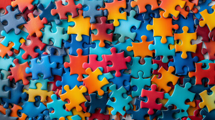 A pile of colorful jigsaw puzzle pieces