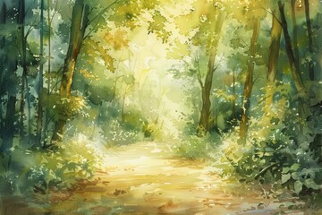 An enchanting forest path rendered in light watercolors, with dappled sunlight filtering through delicate leaves creating a dreamy atmosphere