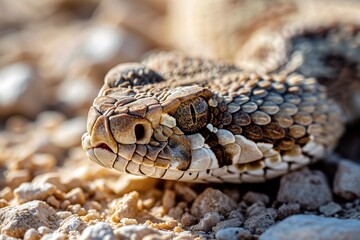 Obraz premium Close portrait of a dangerous poisonous snake on the sand
