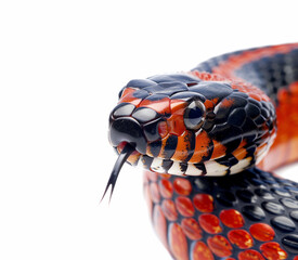Venomous Eastern coral snake - Micrurus fulvius - close up macro of head, eyes, tongue. Side view of whole snake with great scale detail isolated on white background, copy space - 794329147