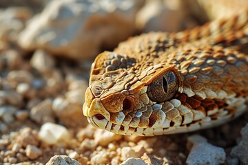 Obraz premium Bright vivid close portrait of a dangerous poisonous snake on the sand