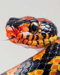 Venomous Eastern coral snake - Micrurus fulvius - close up macro of head, eyes, tongue. Side view of whole snake with great scale detail isolated on white background - 794329176