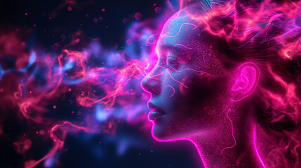 A woman's face is shown with a purple smoke effect