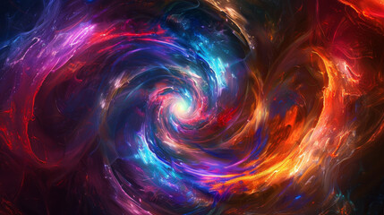 A colorful swirl of light and color with a blue and red center