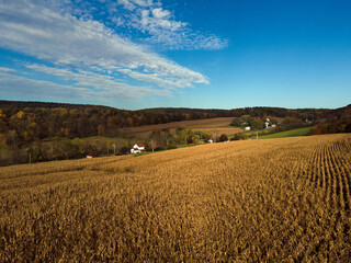 Aerial landscape of corn field farmland in the Appalachian mountains in rural Central Pennsylvania