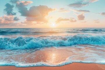 A vibrant sunset over a turbulent ocean with foamy waves breaking on a sandy beach.